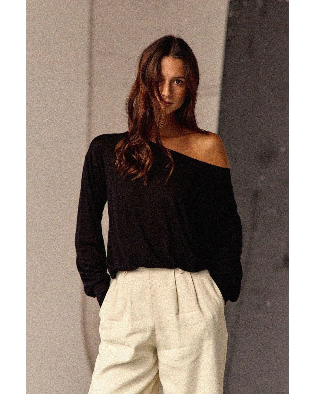 Marianne by Marie Jordane Black Selena Asymmetric Lyocell & Wool Sweater