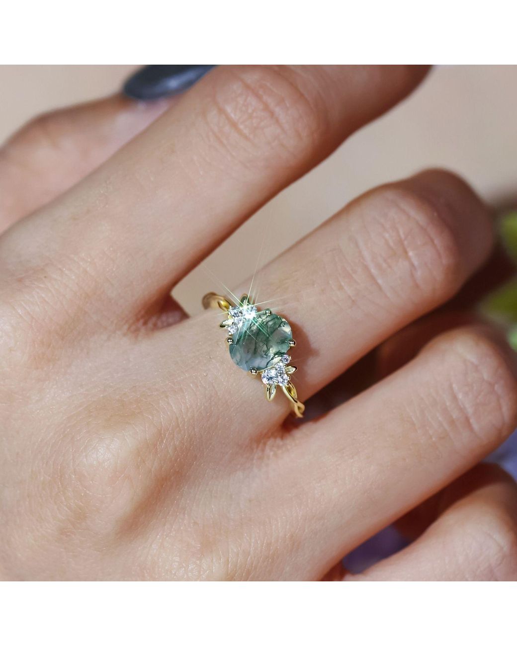 Azura Jewelry New York Metallic Enchanted Garden Moss Agate Ring Vermeil