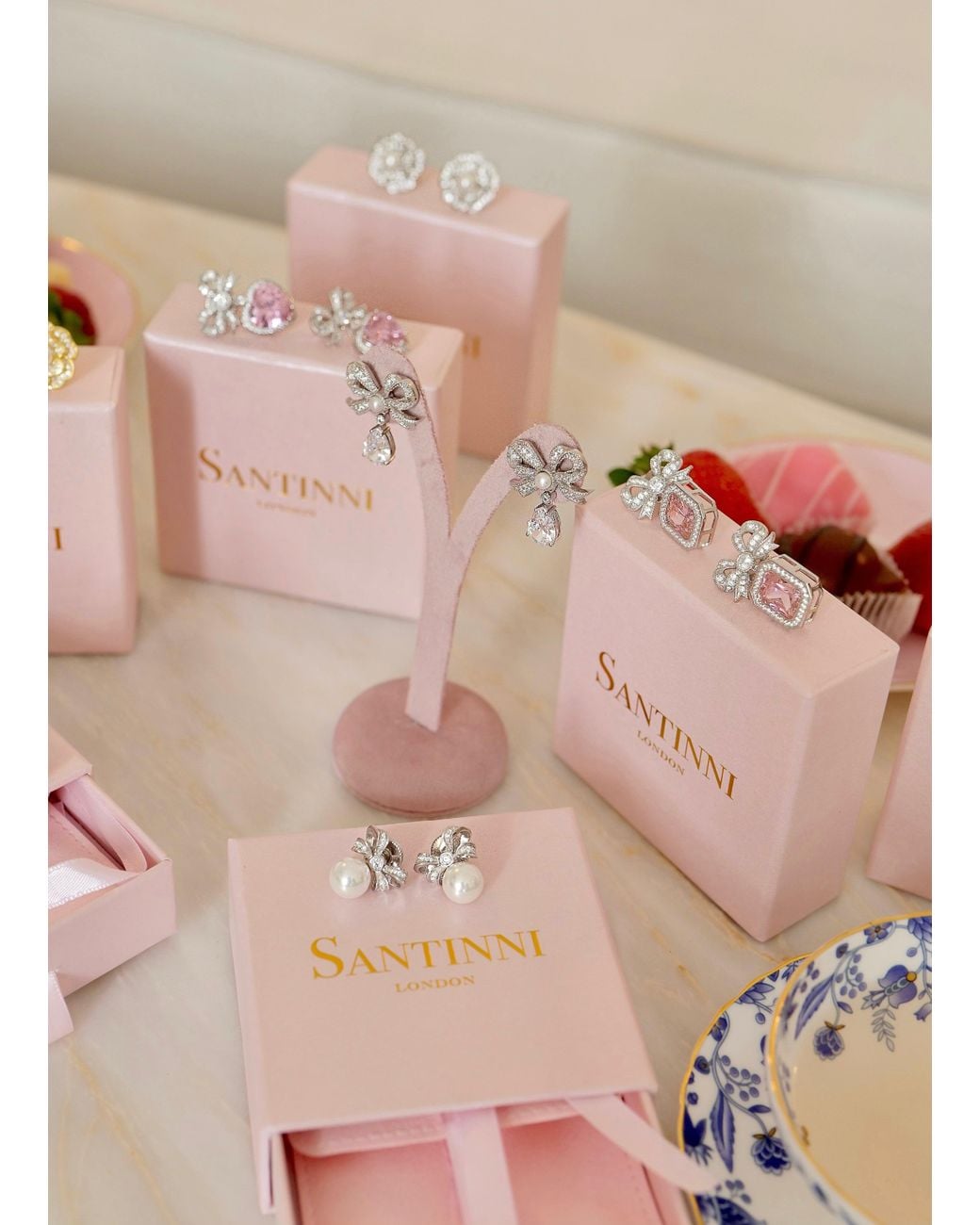 Santinni Metallic Viscountess Bow & Pearl Earrings With Crystals
