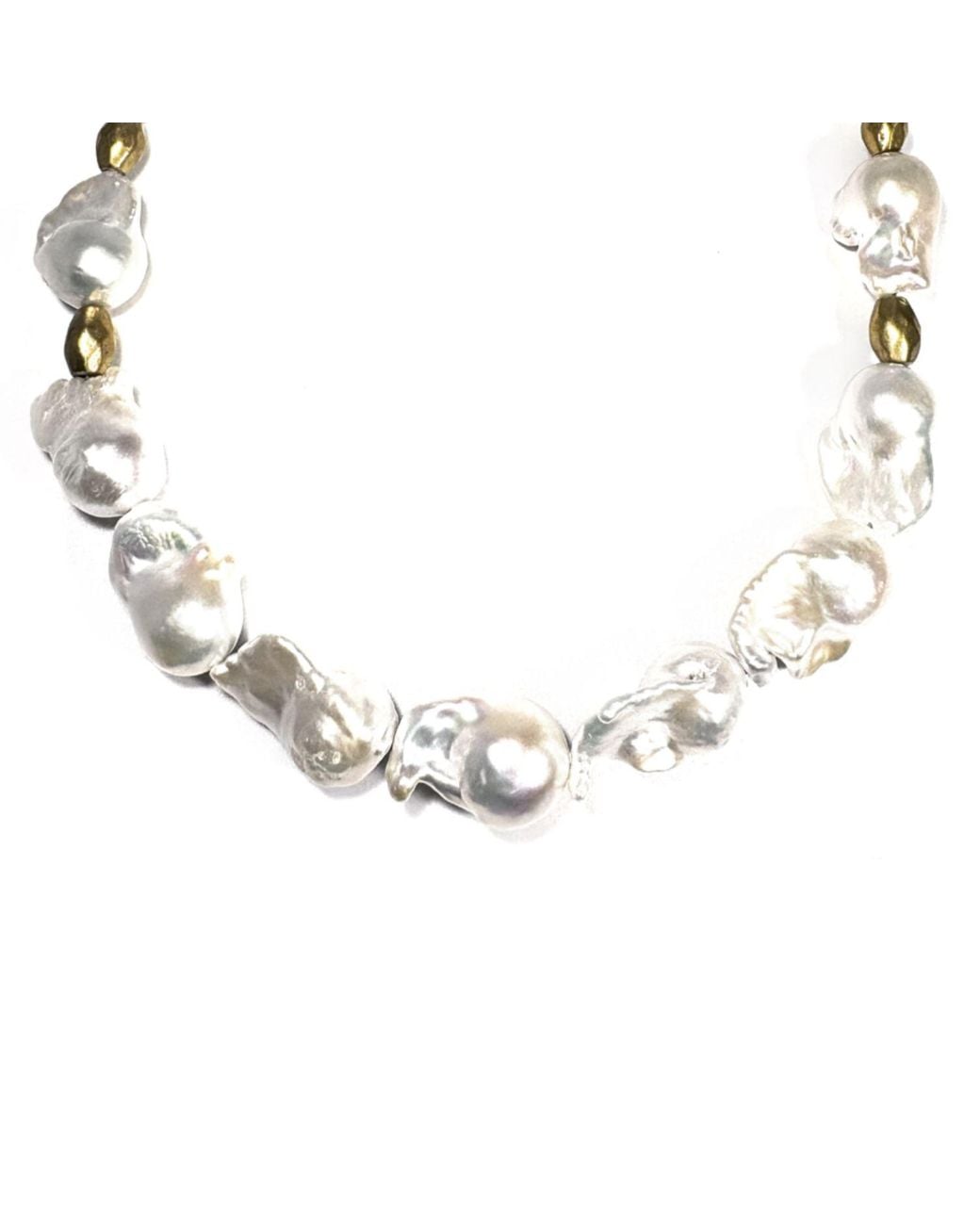 Rachel Nathan Metallic Neutrals Baroque Pearl & Brass Barrel Necklace