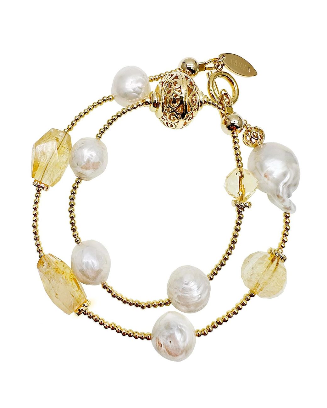 Farra Metallic Citrine With Freshwater Pearls Double Wrapped Bracelet
