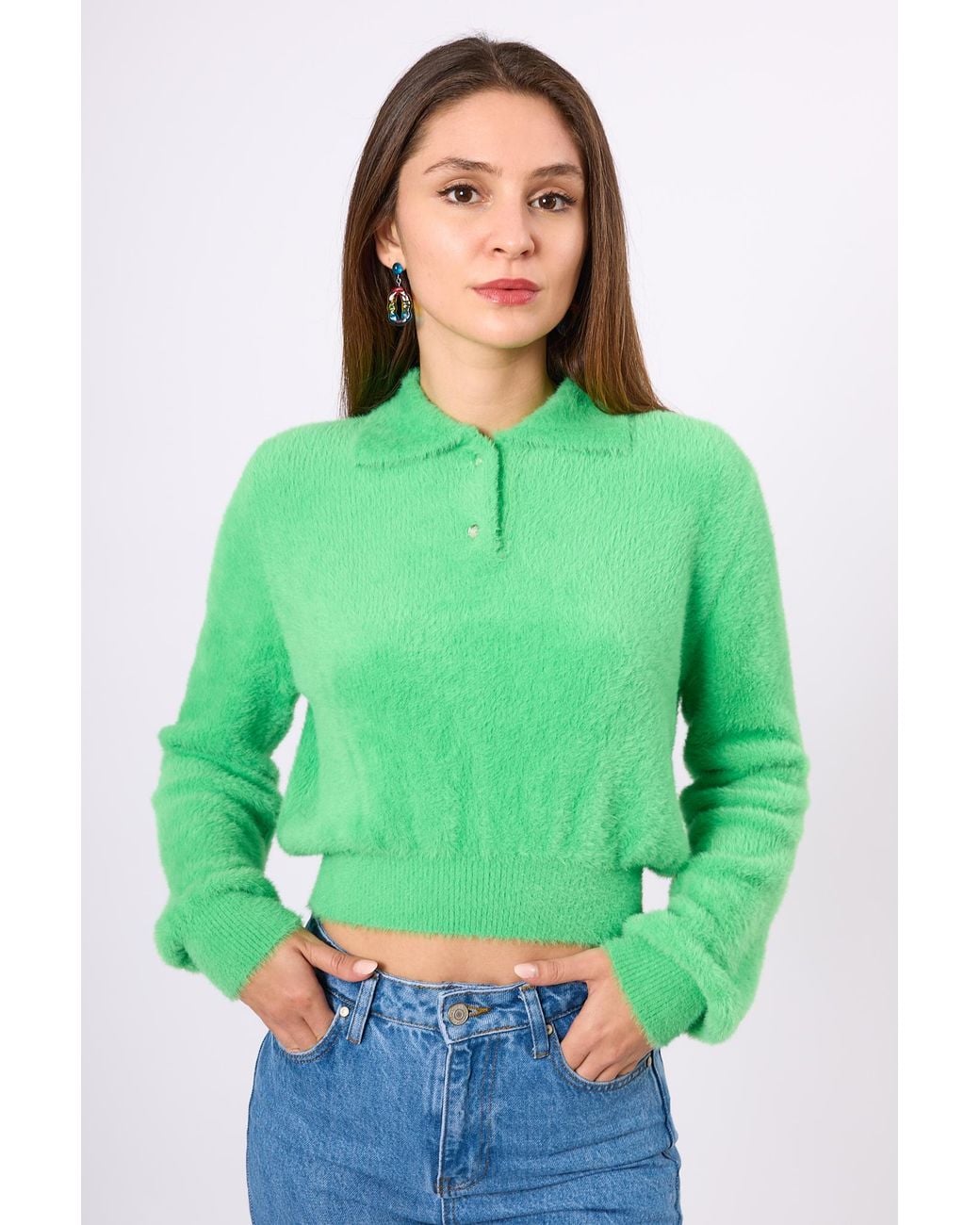 Peraluna Green Lucy Polo-Neck Crop Knit Blouse