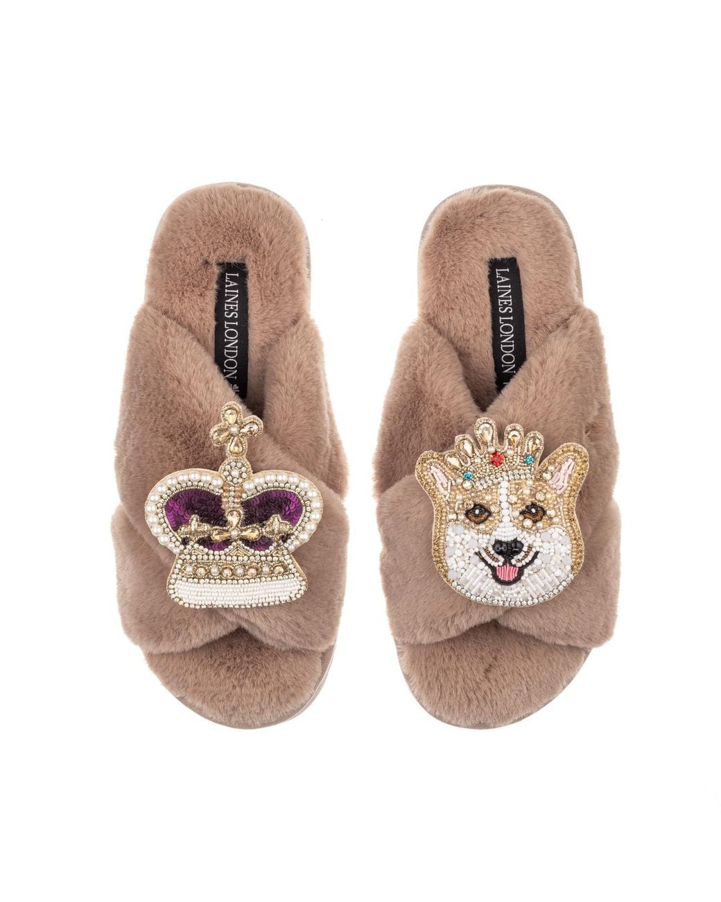 Laines London Natural Classic Laines Slippers With Artisan Sandy The Corgi & Royal Crown Brooches