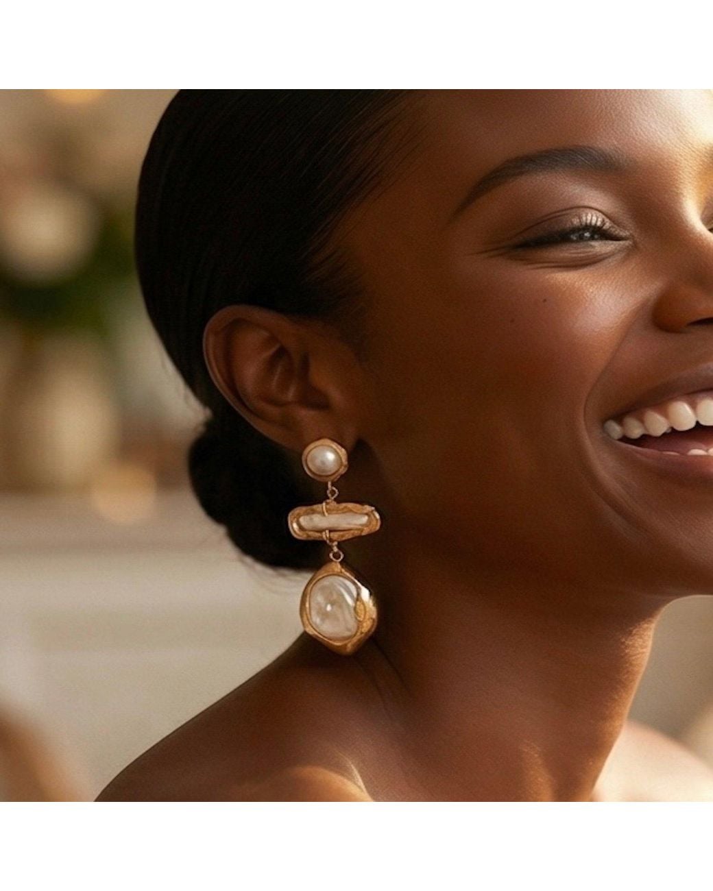 Divine Aria Metallic Lelia Natural Keshi Pearl Statement Dangle Earrings