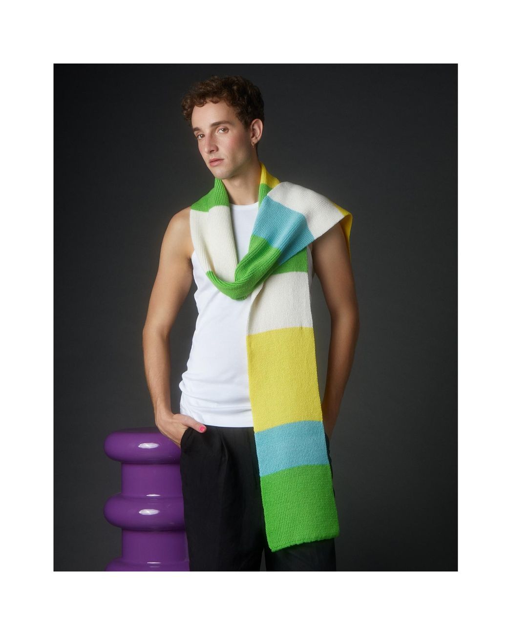 INGMARSON Yellow Ribbed Colour Block Wool & Cashmere Scarf for men