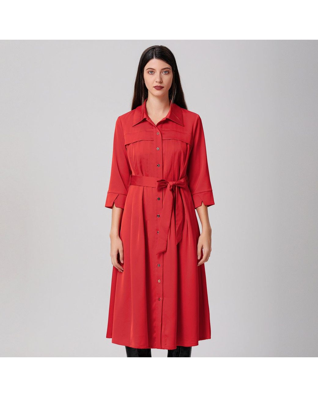Smart and Joy Red Stitched Pleats Shirt-Dress