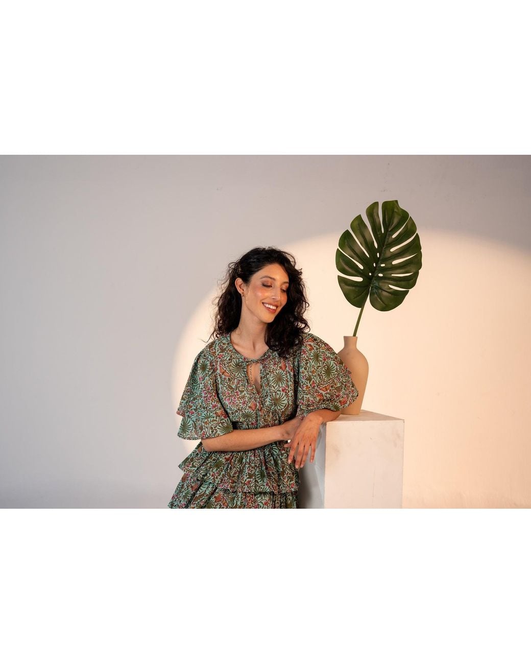 Carolina Benoit Green Palm Springs Clinched Waist Dress Print