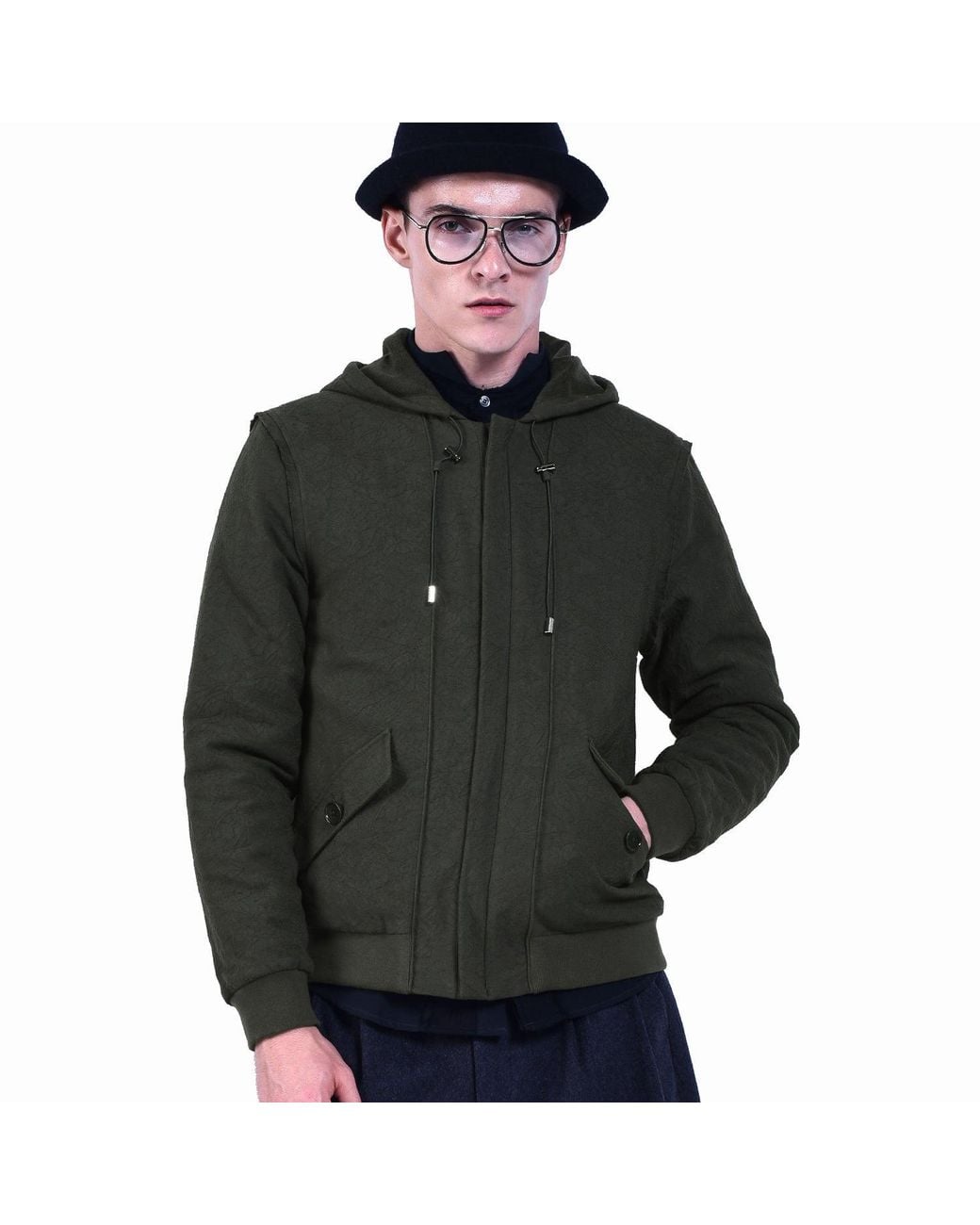 Smart and Joy Green Hooded Cotton Jacquard Jacket for men