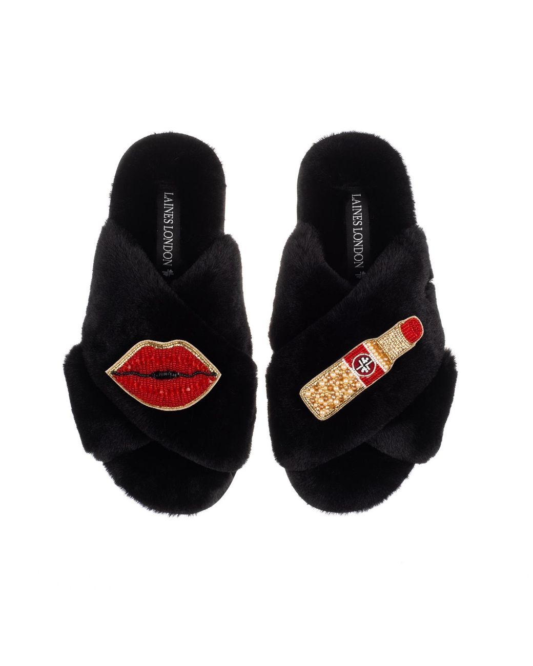 Laines London Black Classic Laines Slippers With Lipstick & Lips Brooches
