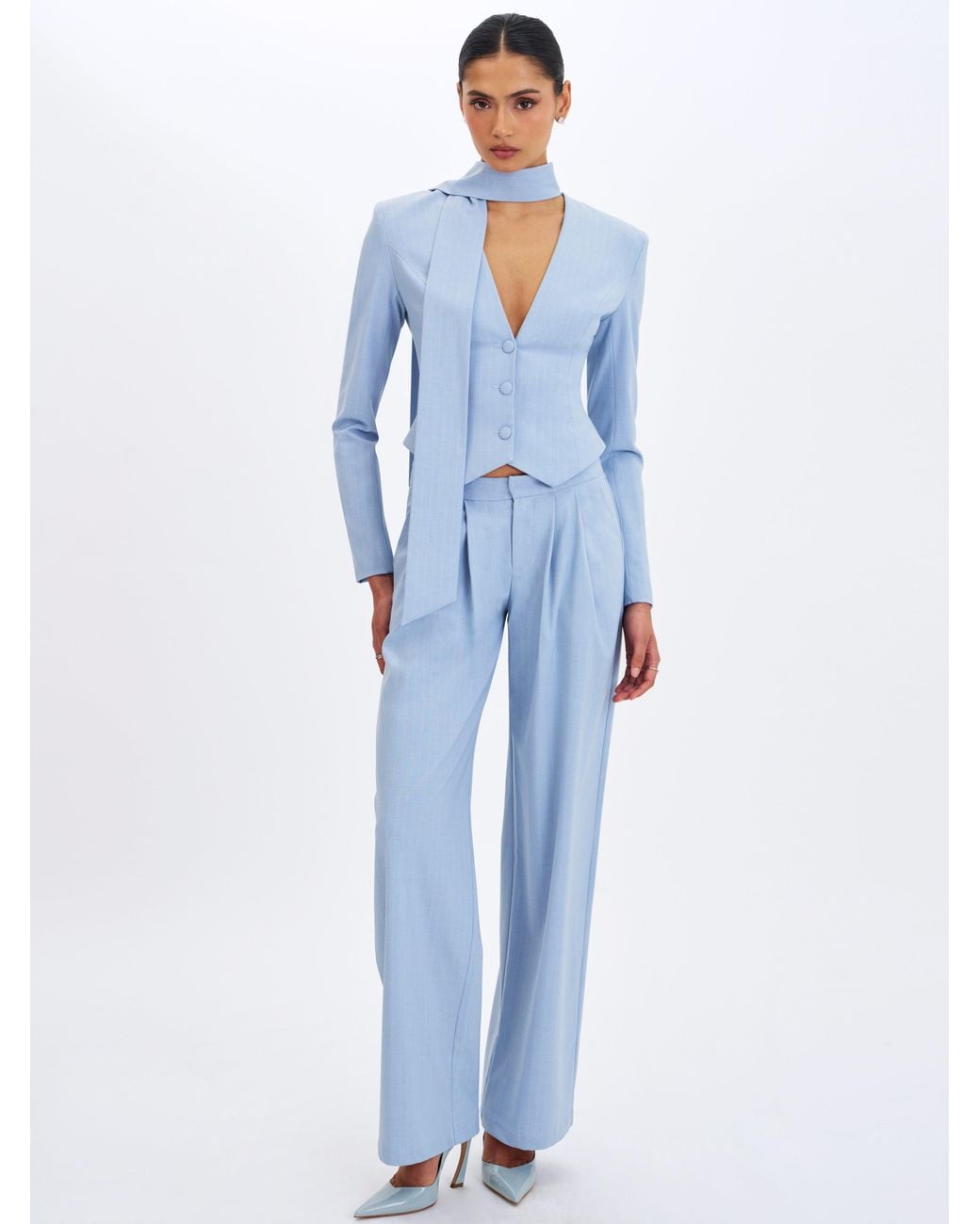 Miss Circle New York Blue Renley Sky Pinstripe Peplum Blazer