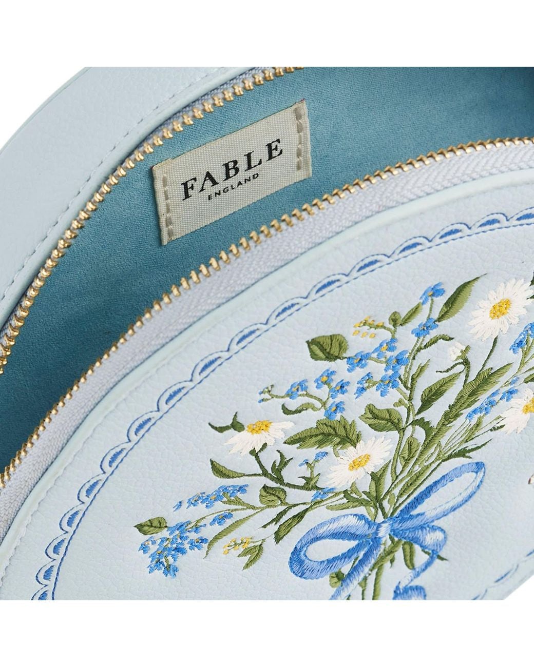 Fable England Blue Isabel Floral Bow Embroidered Circle Bag