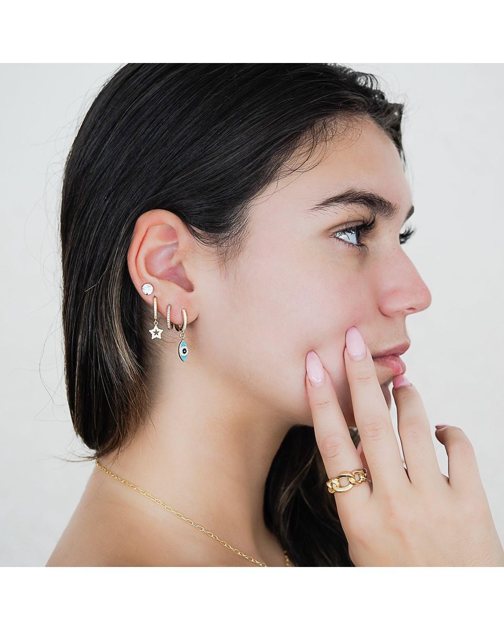 Ebru Jewelry Blue Turquoise Sparkly Gold Evil Eye Earrings
