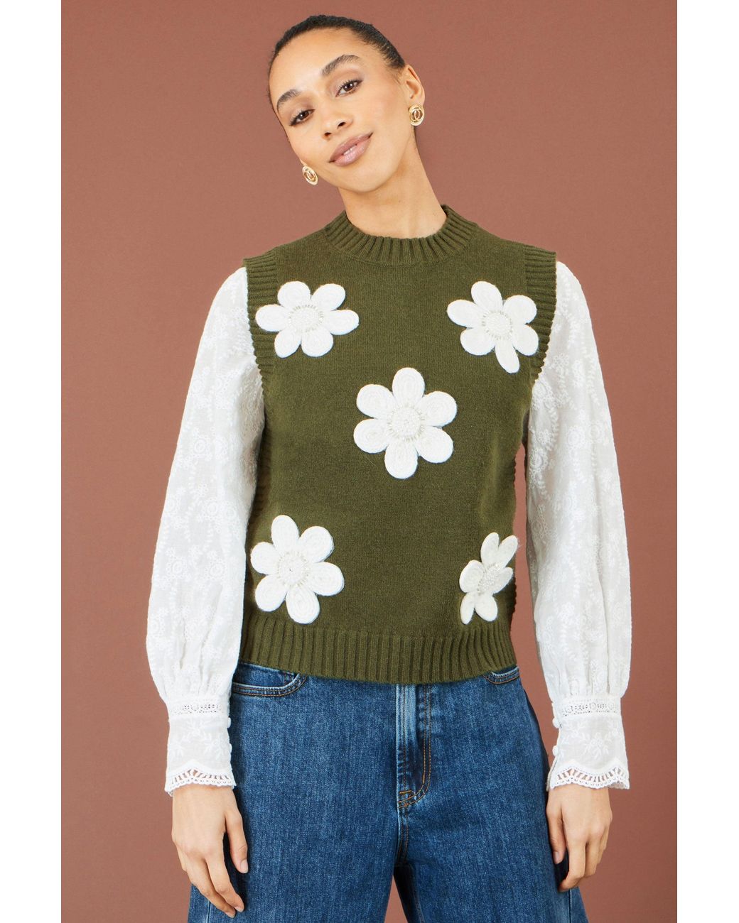 Yumi' Green Flower Applique Knit Tank