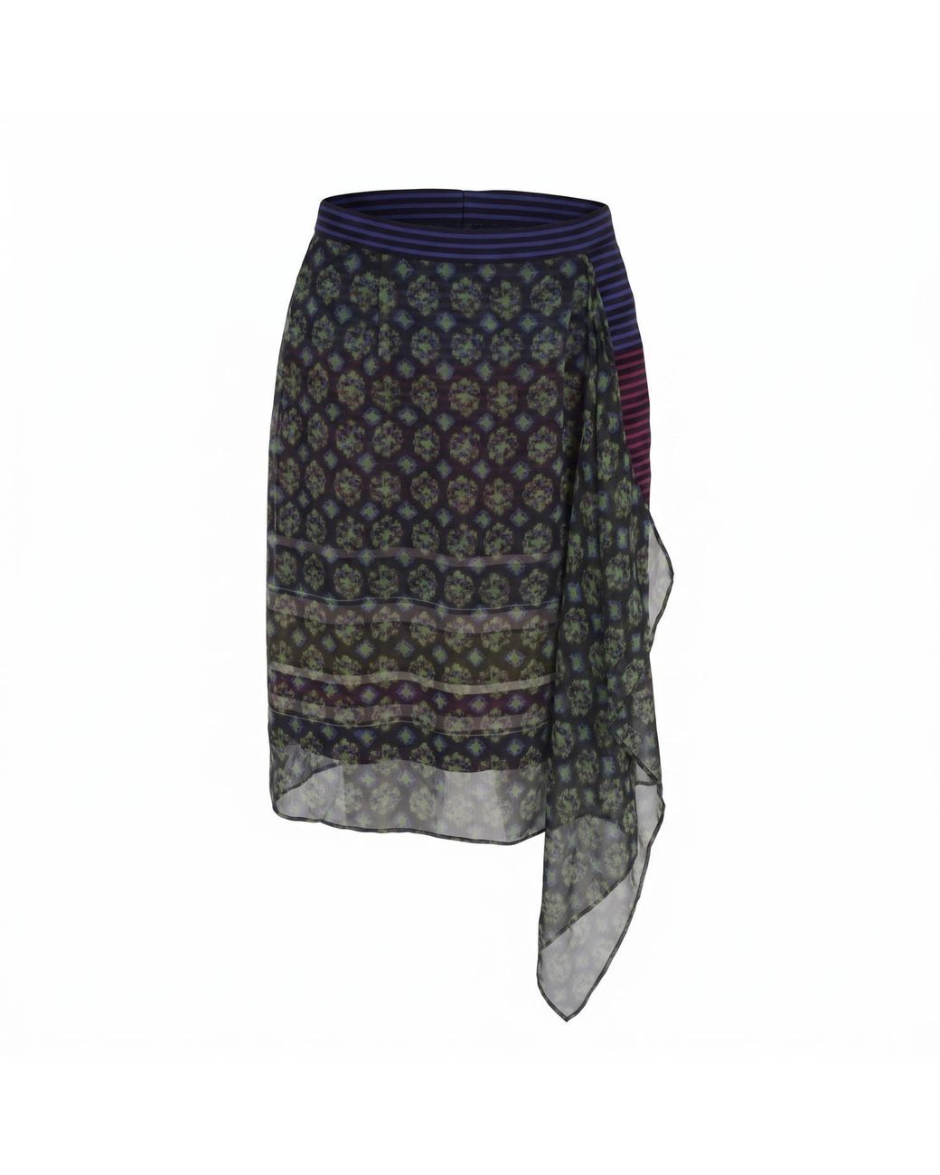 Modenaire Gray Geometric Print Chiffon Midi Skirt With Draped Asymmetric Side Panel