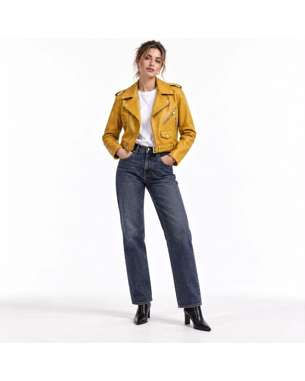 Zasta Studio Yellow Cropped Biker Leather Jacket