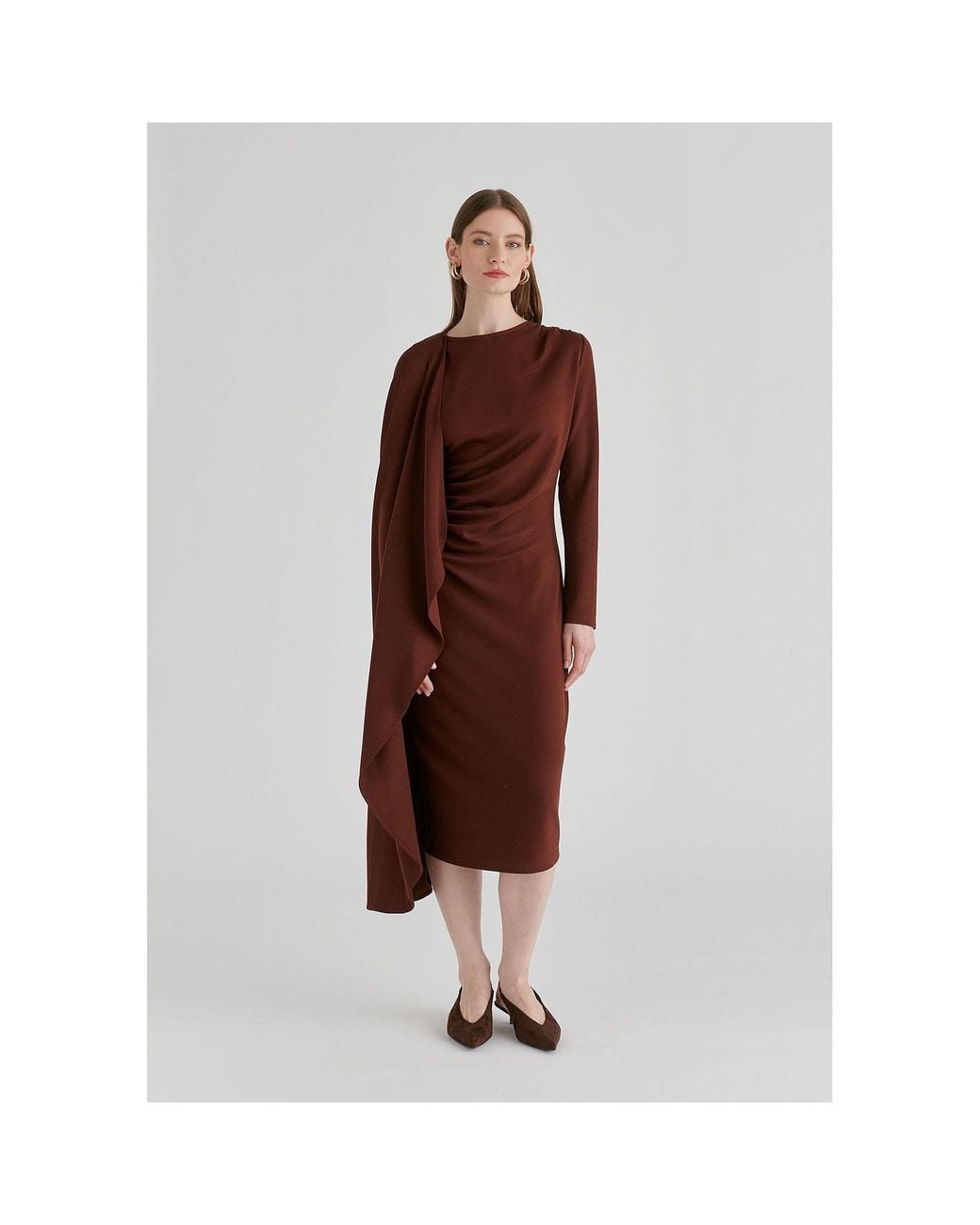 Paisie Brown Asymmetrical Cape Sleeve Lyocell Jersey Midi Dress