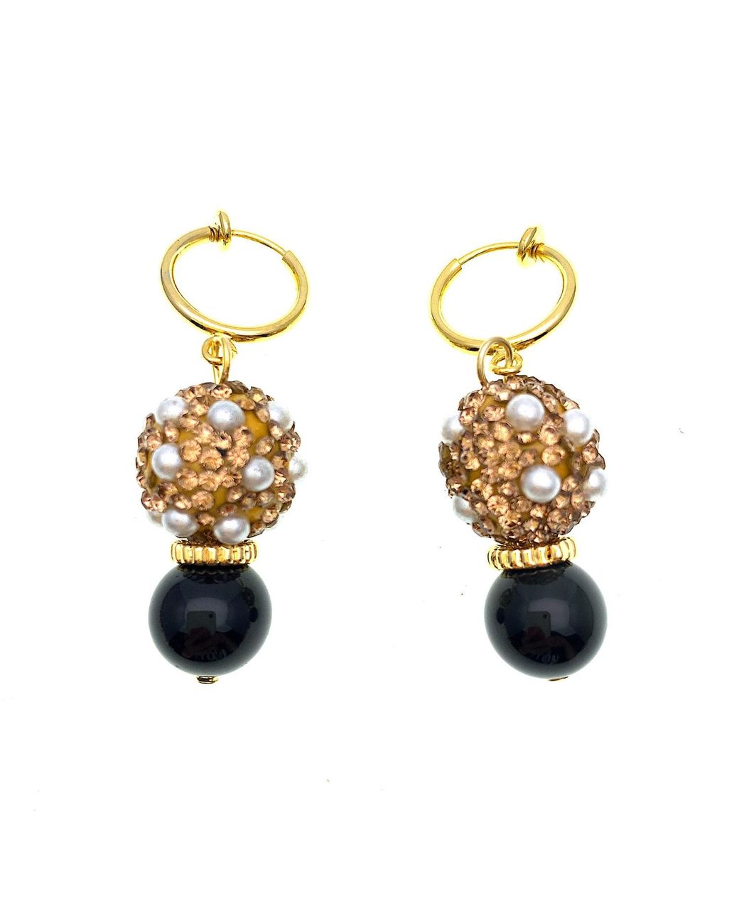Farra Metallic Round Rhinestones Bordered Pearls With Obsidian Clip On Earrings