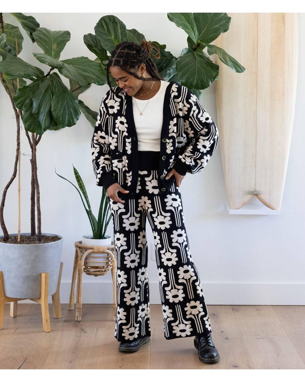Known Supply Black High Waisted Floral Sweater Pants