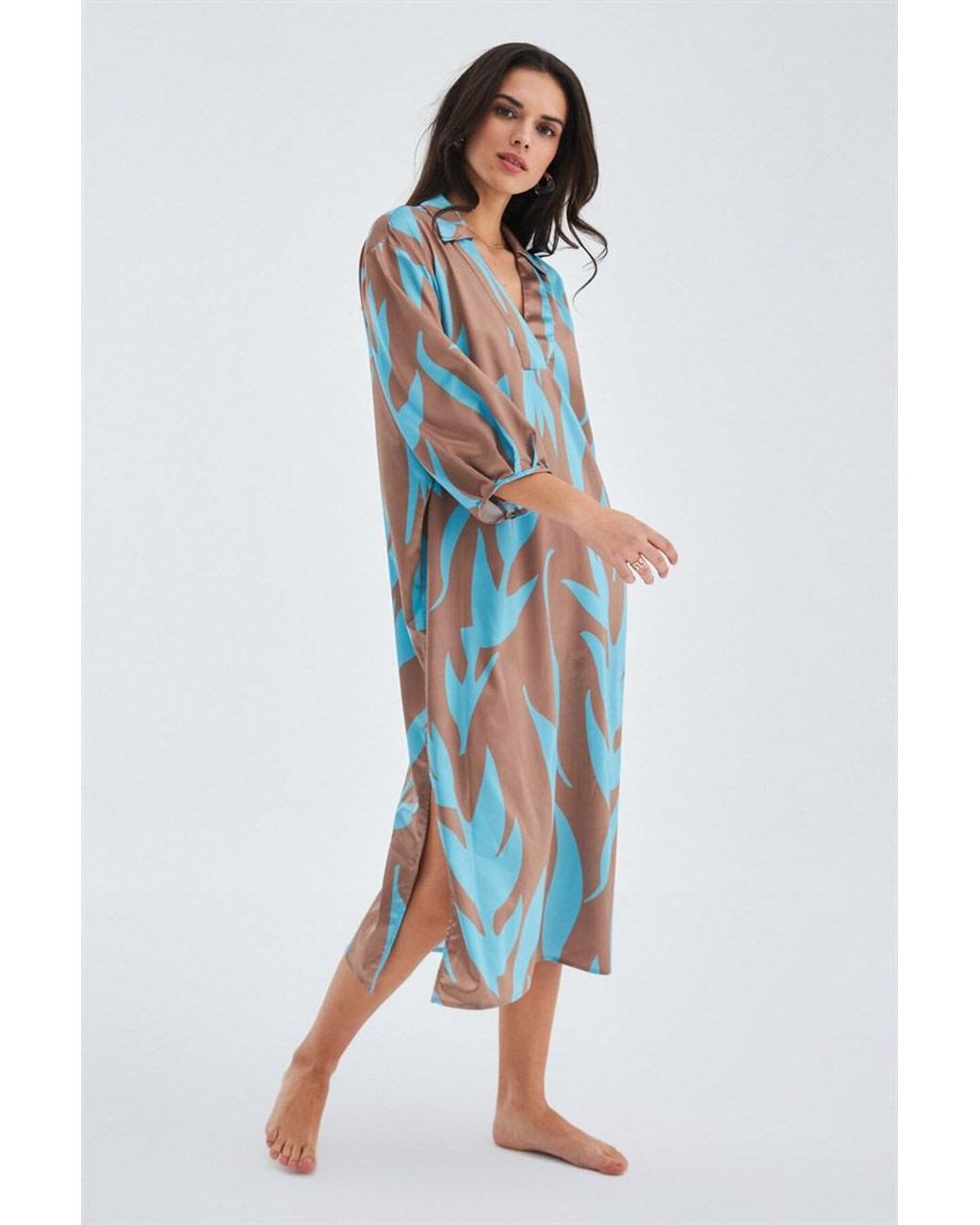 Peraluna Blue Kalinda Loose Fit Seasonal Satin Below-Knee Dress