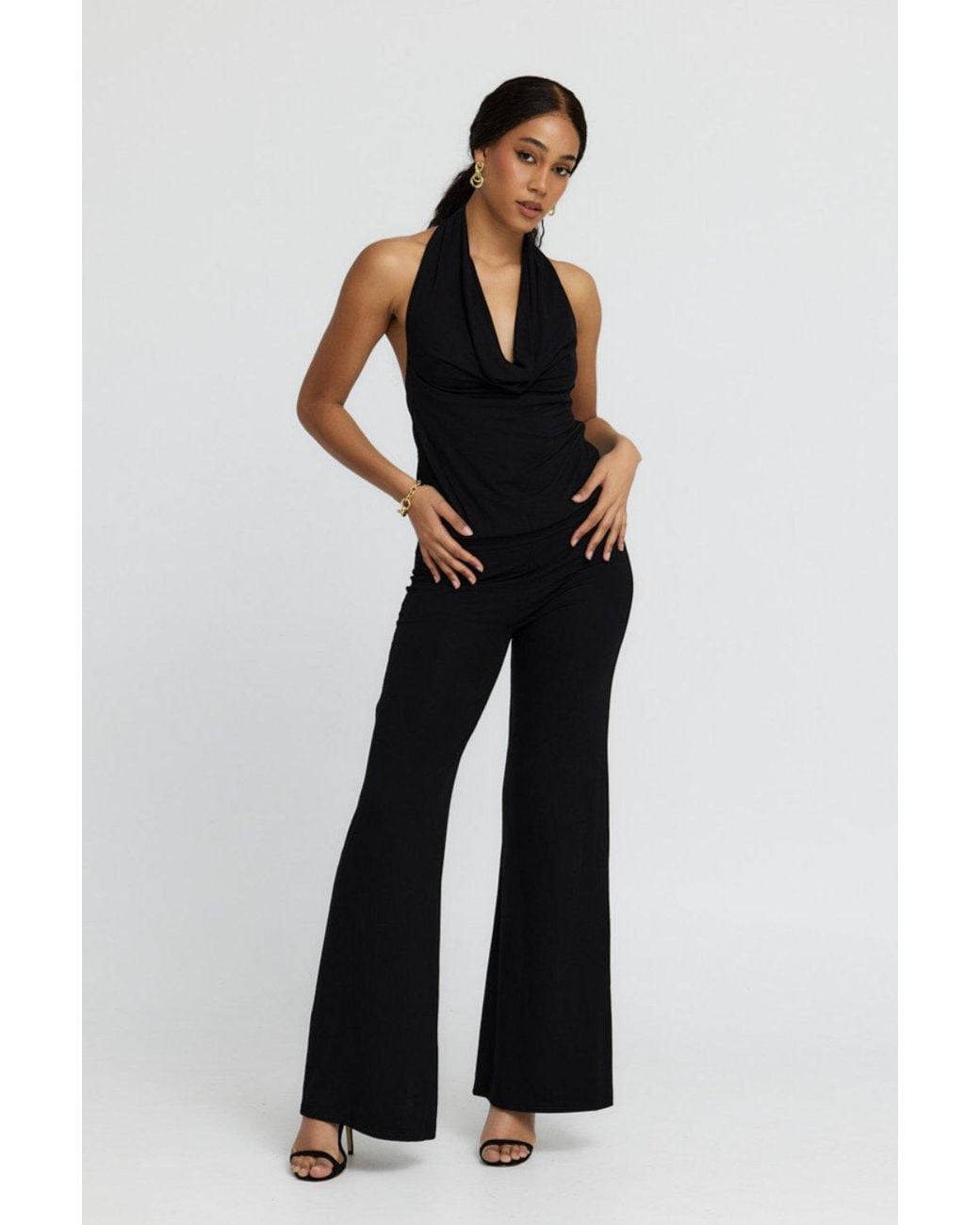 Why Mary Black Diana Cowl Halter Neck Jumpsuit