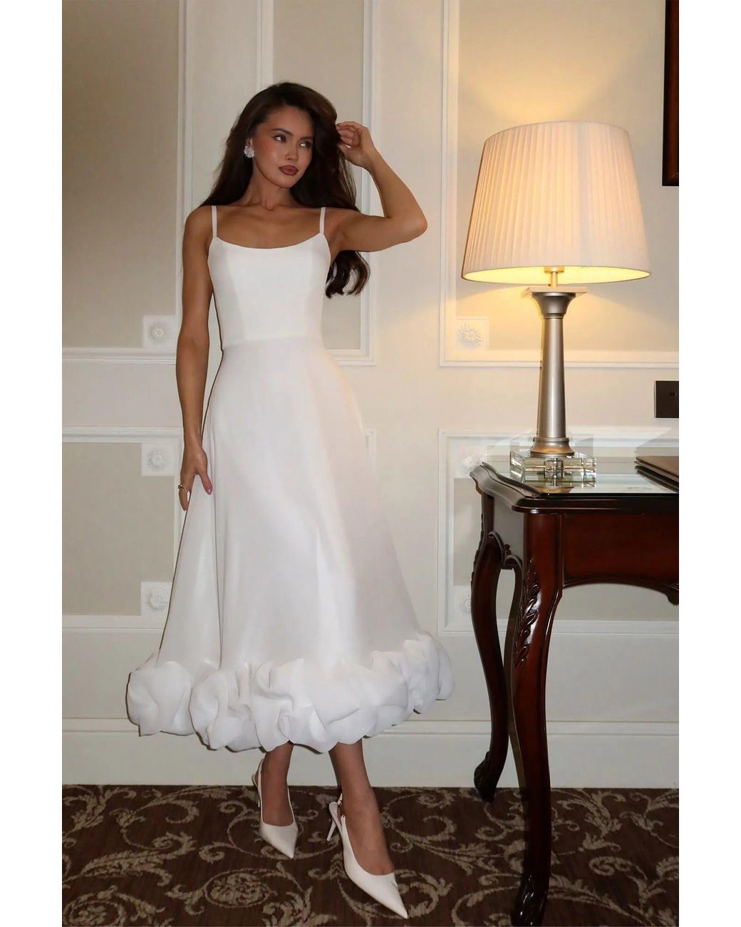 POST MERIDIEM White Milk Flounce Bustier Midi Dress