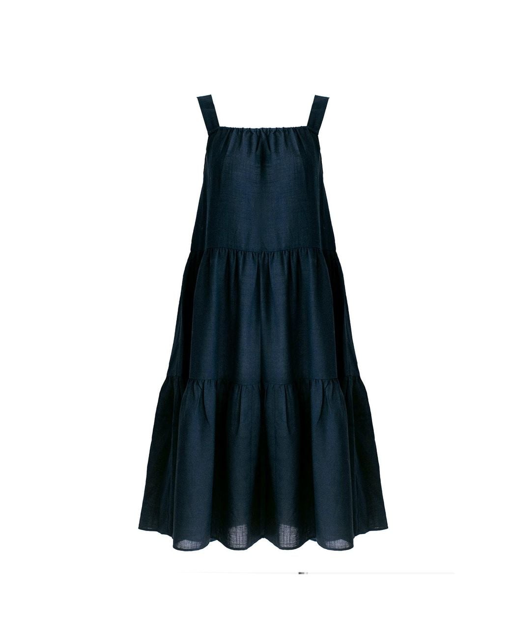 Zenzee Blue Cotton Linen Gathered Strap Tiered Dress