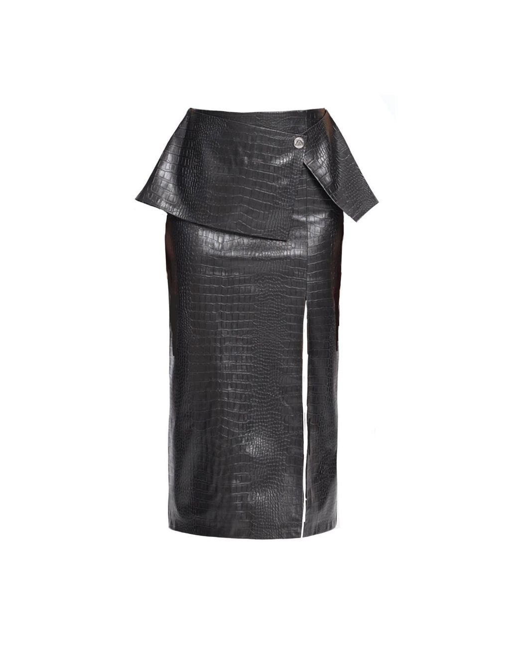 Mirimalist Black Croco Leather Midi Skirt