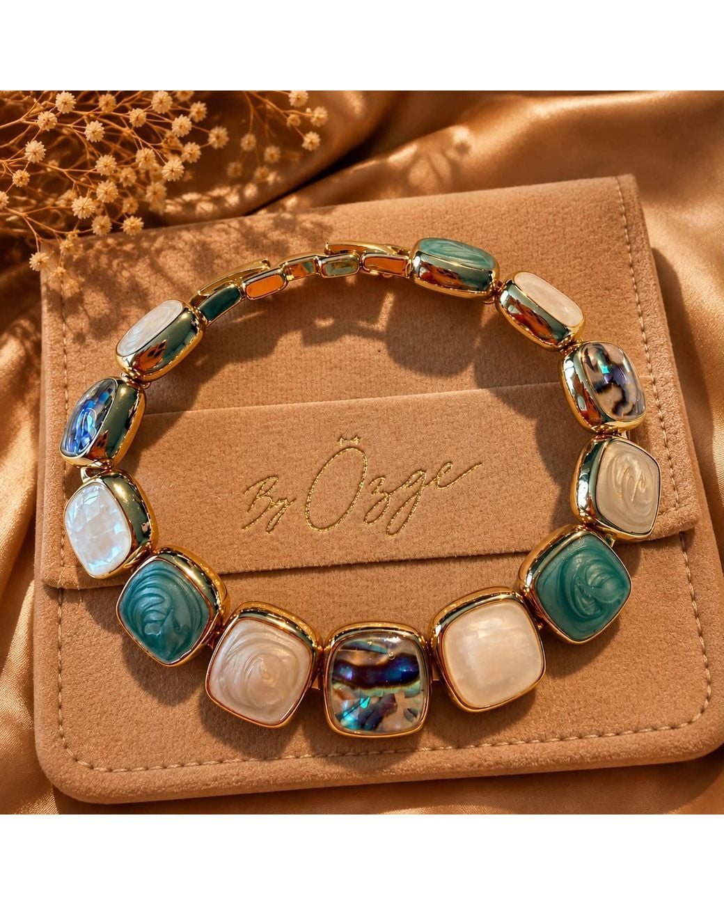 By Ozge Green Aegean Mosaic Mother Of Pearl & Abalone Plated Bracelet