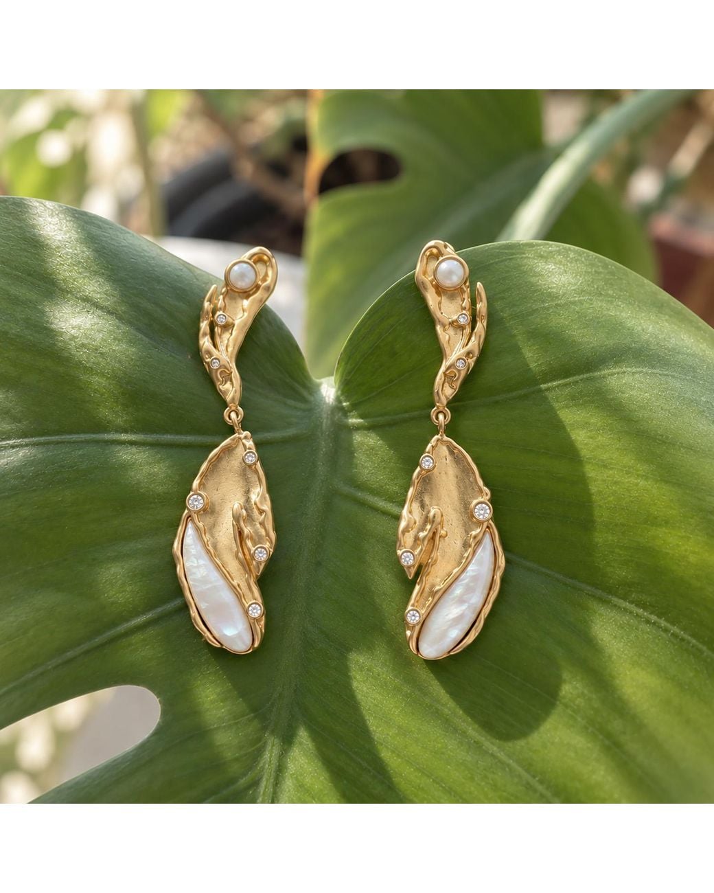 Rare Matters Jewelry Metallic Sculptural Mother Of Pearl Leaf Drop Earrings Cz Organic Earrings