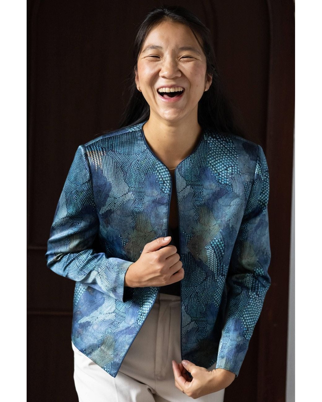 Stovaria Blue Peacock Pure Silk Statement Jacket