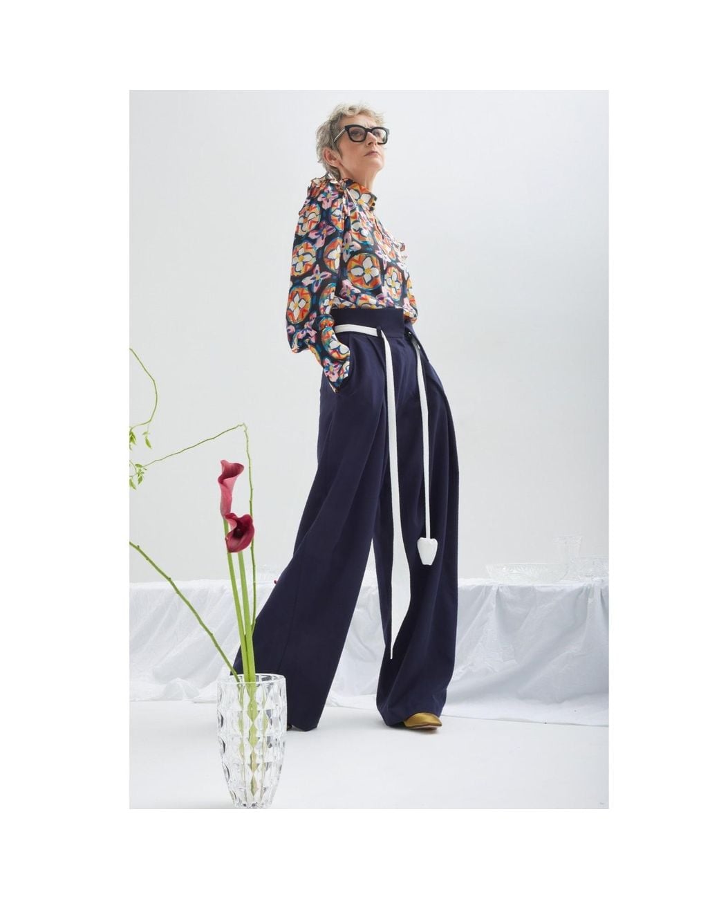 Julia Allert Multicolor Designer Satin Blouse With Bishop Sleeves And Stand Collar – Print