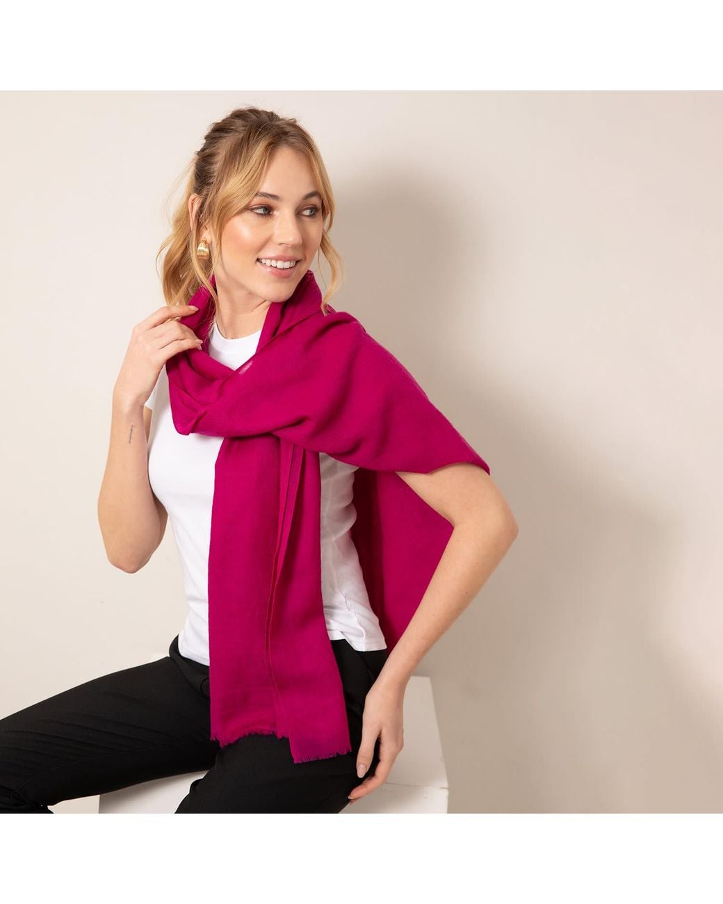 Alie Street London Red Aurielle Silk Wool Scarf Deep Fuchsia