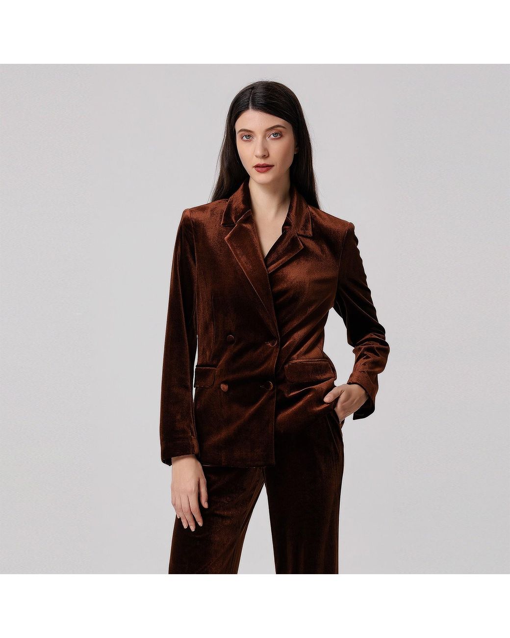 Smart and Joy Brown Double Breasted Velvet Suit Blazer