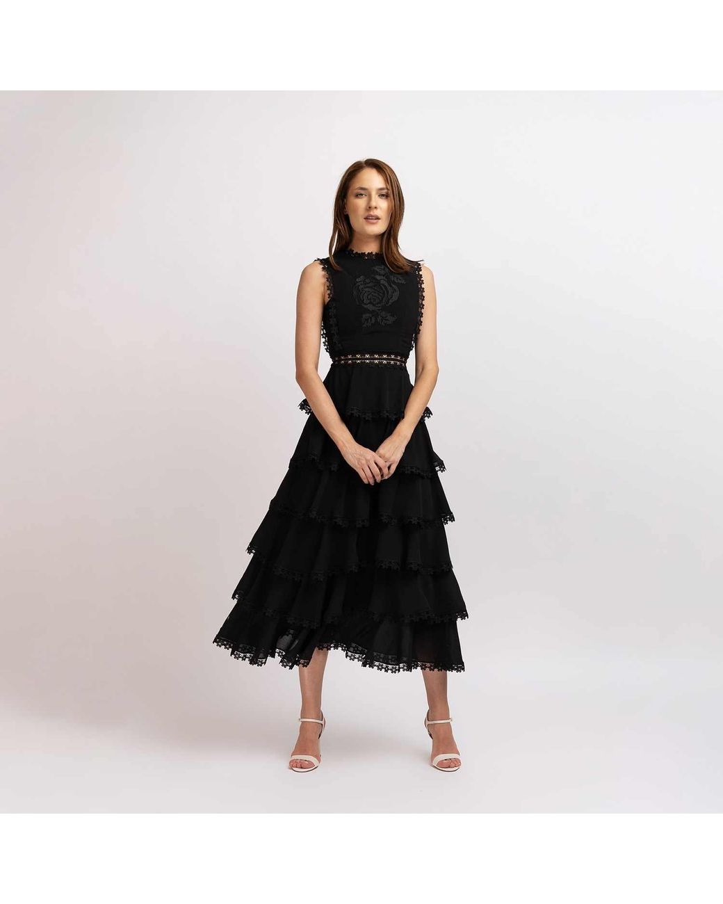 IZABELA MANDOIU Black Viscose Ruffle Midi Dress With Floral Lace