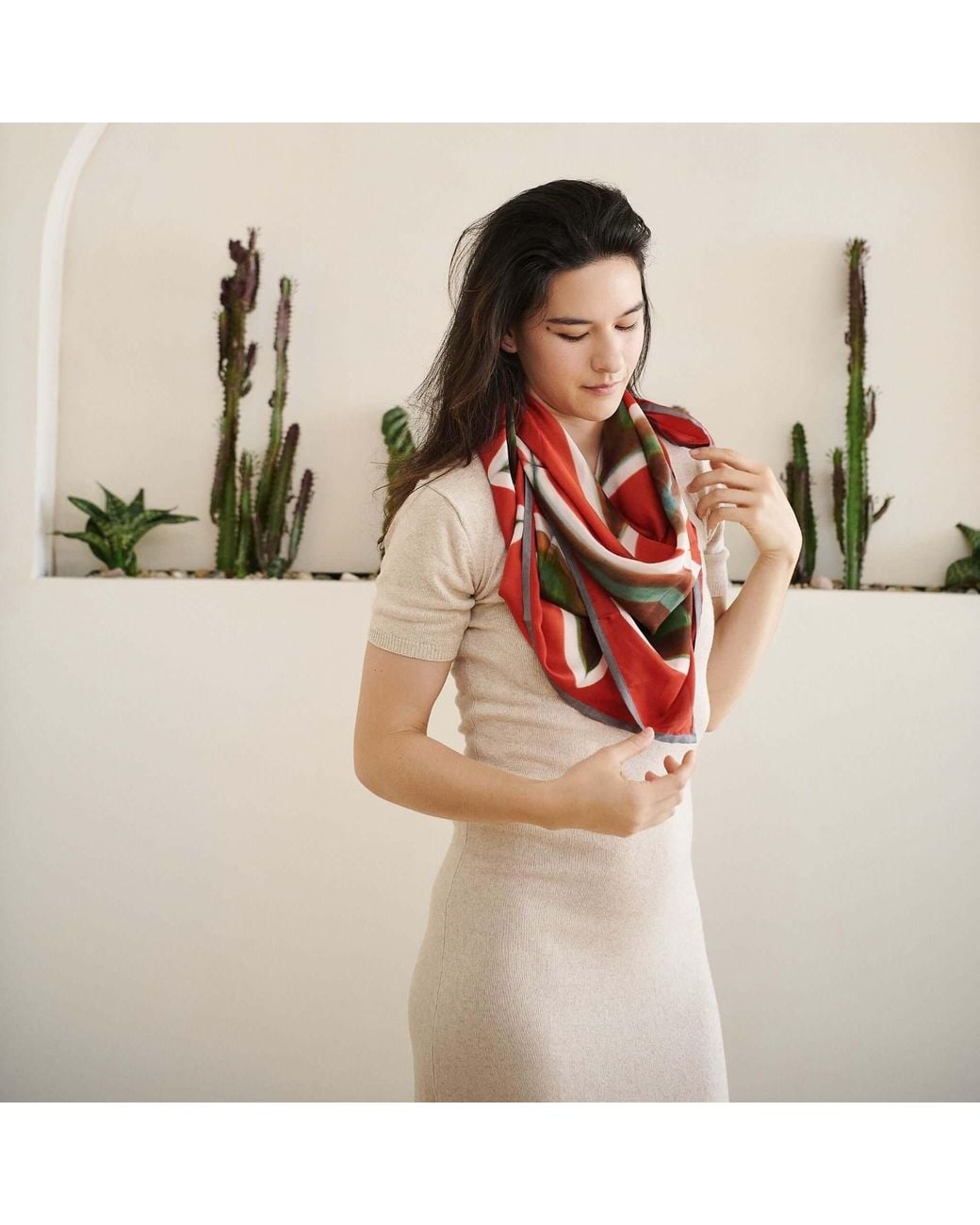 Variously Red Fawn Geometrical Print Shibori Square Silk Scarf