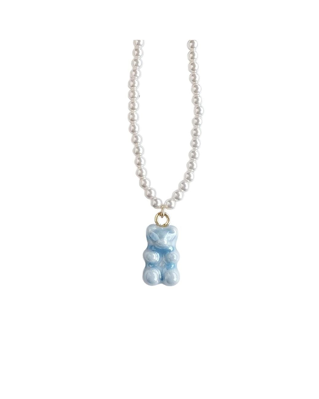 POPORCELAIN White Baby Porcelain Gummy Bear Swarovski Pearl Necklace