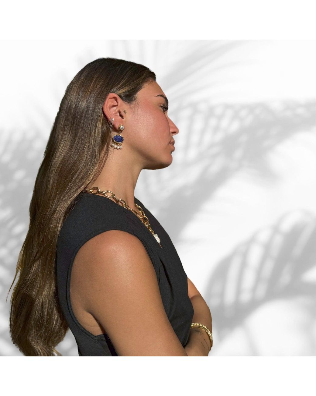 Ebru Jewelry Blue Cleopatra Pearl & Sapphire Stone Tassel Earrings