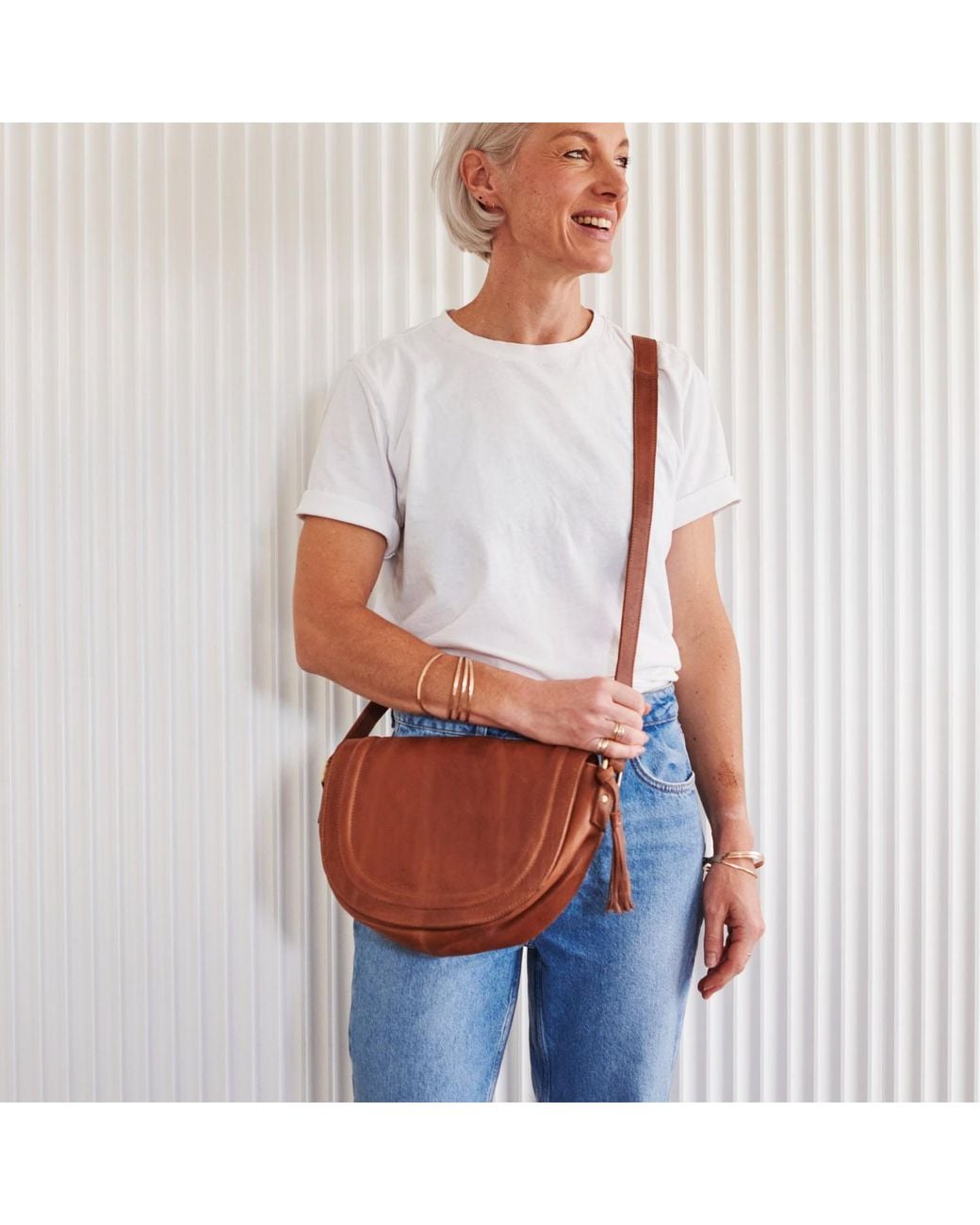 VIDA VIDA Brown Luxury Soft Leather Saddle Bag With Tassel Tan