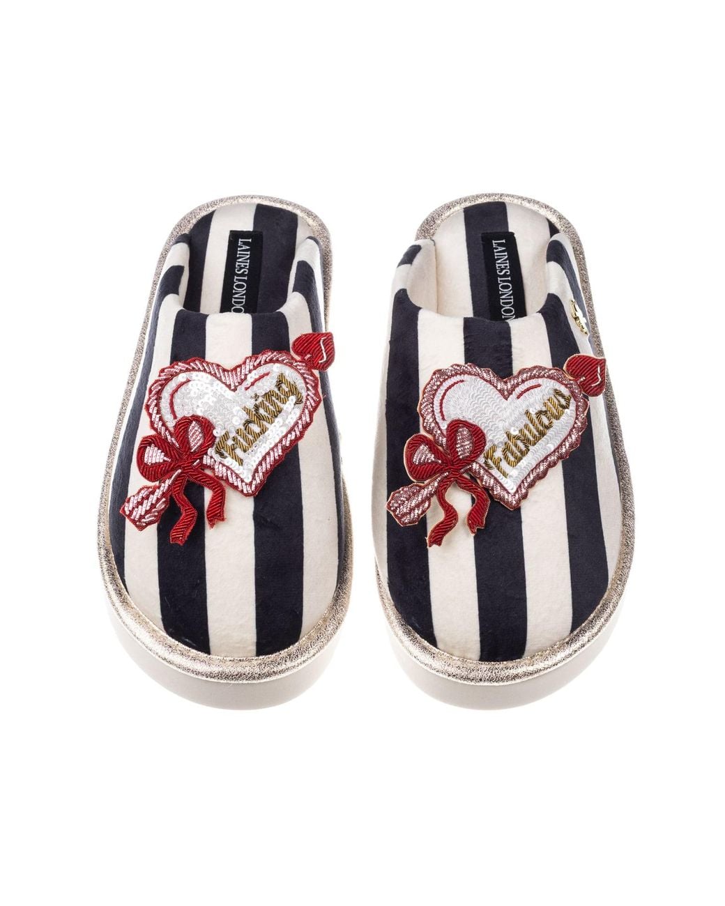 Laines London Red Flatform Stripe Closed Toe Slippers With Fucking Fabulous Heart Brooches
