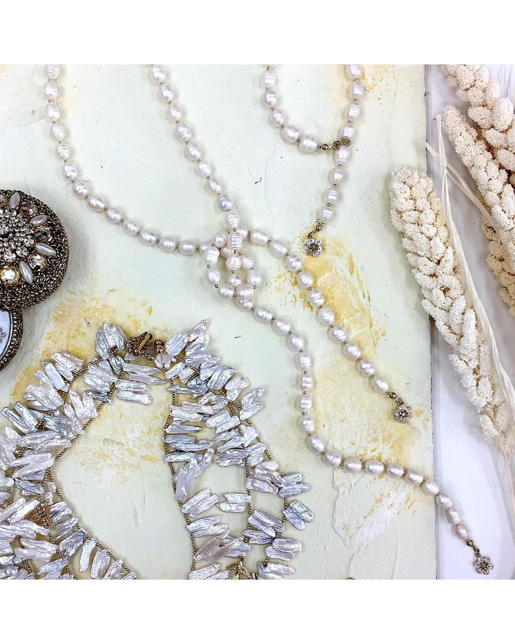 Farra Metallic Freshwater Pearl With Snowflake Charms Open Ended Long Necklace