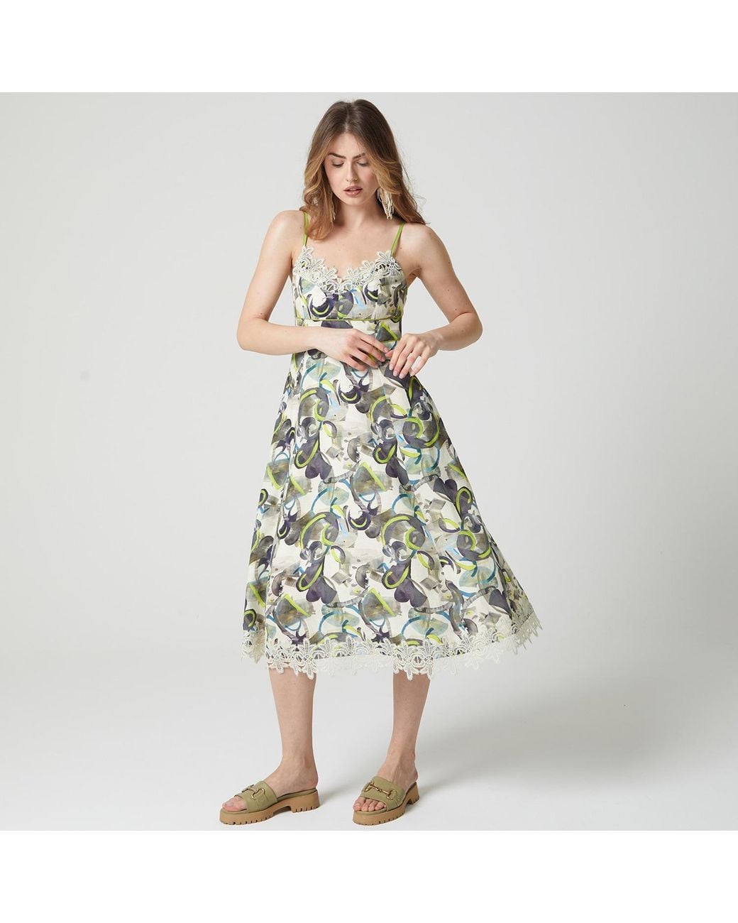 Lalipop Design Green Abstract Print Linen Midi Dress
