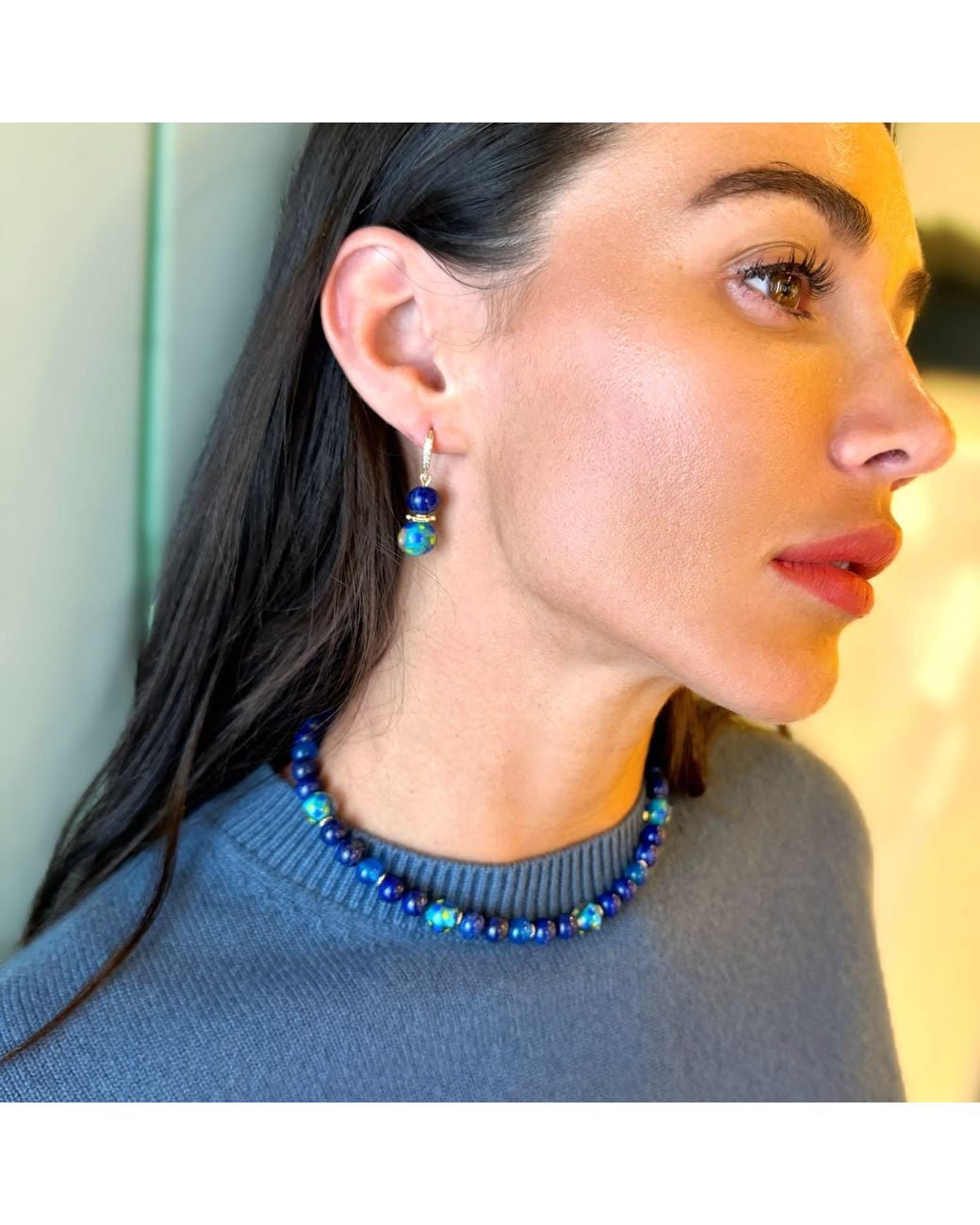 Farra Blue Lapis Lazuli And Colorful Glass Bead Hook Drop Earrings