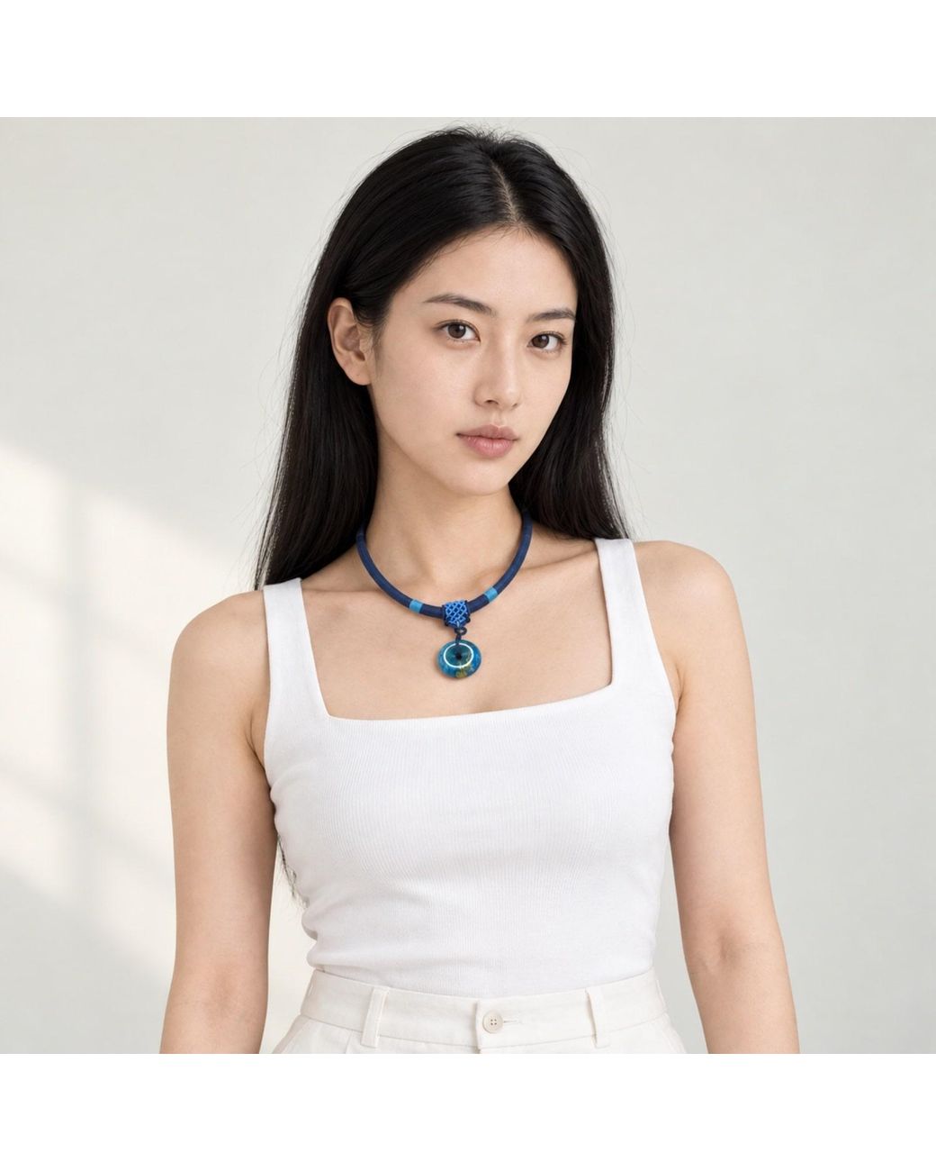 Yieon Blue Starry Lacquered Sandalwood Peace Buckle Pendant Necklace
