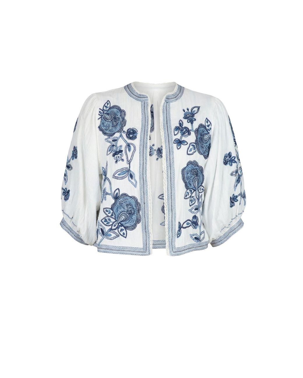 Modenaire Blue Floral Embroidered Cropped Jacket With Clean Front