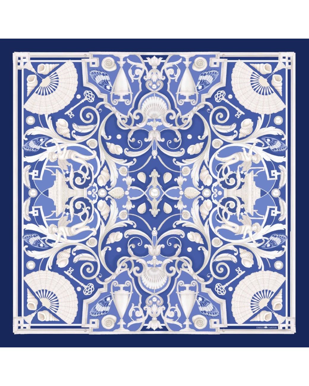 Emily Carter Blue The Fan & Feather Silk Scarf