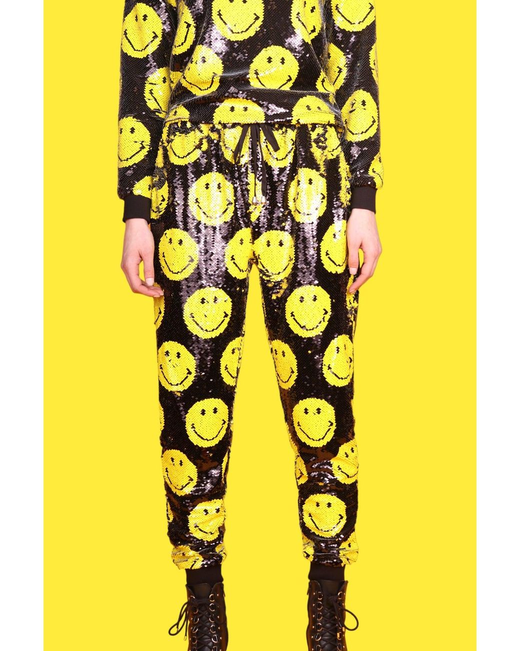 Any Old Iron Yellow Smiley Reversible Sequin Joggers