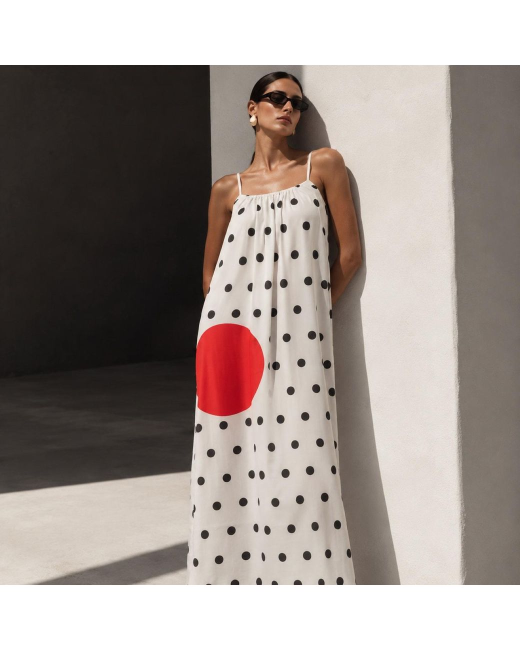 DHARA SHETH DUBAI White One Polka Dot Spaghetti Strap Maxi Dress