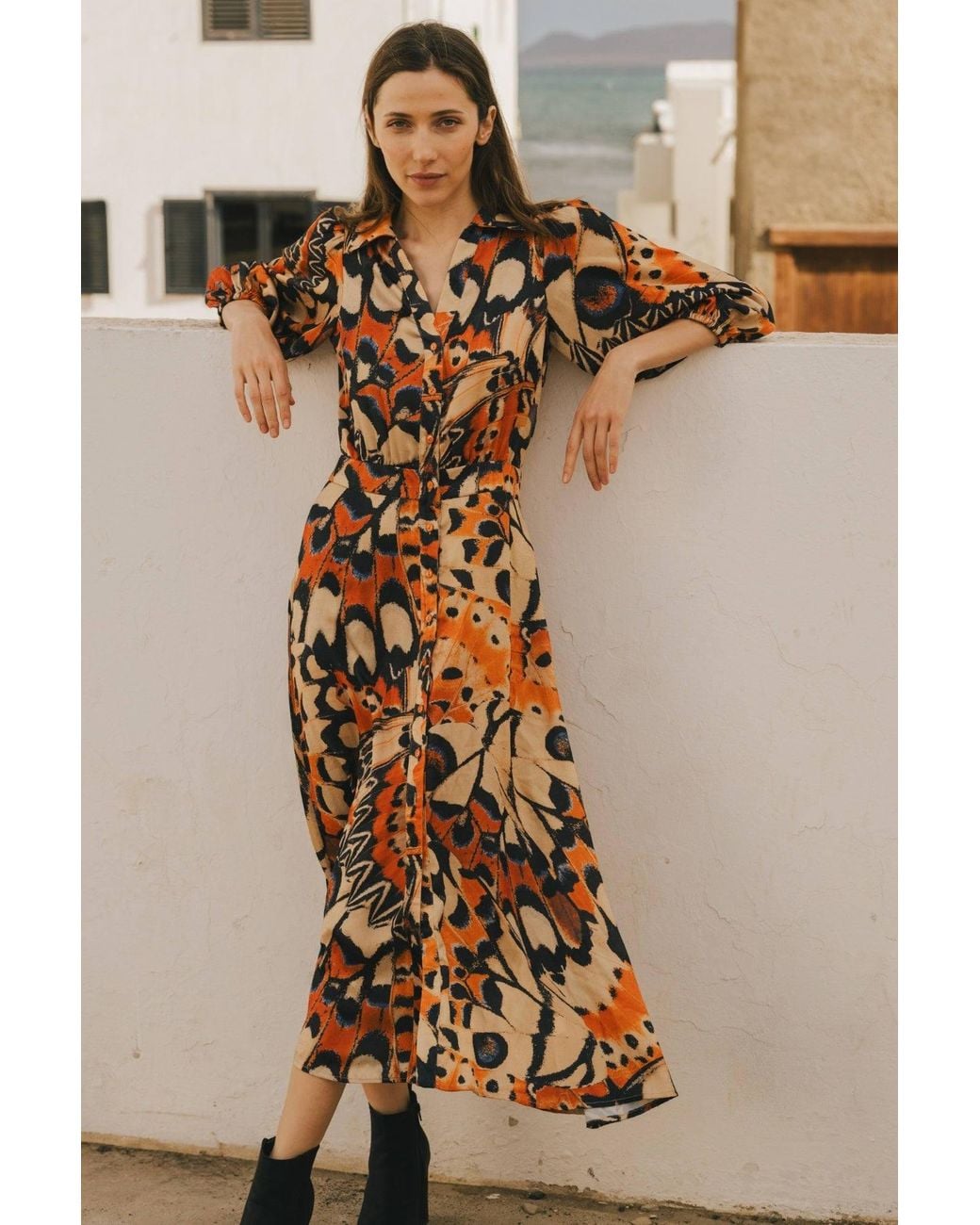 Traffic People Brown Metamorphosis And Butterfly Print Frida Midi Dress