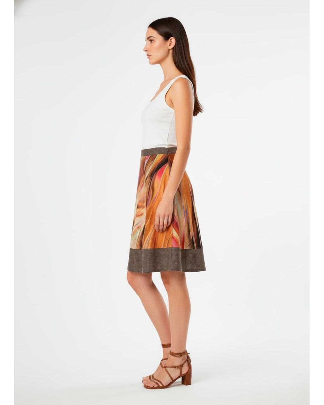 Conquista Brown A-Line Skirt With Abstract Brushstroke Print & Contrast Hem