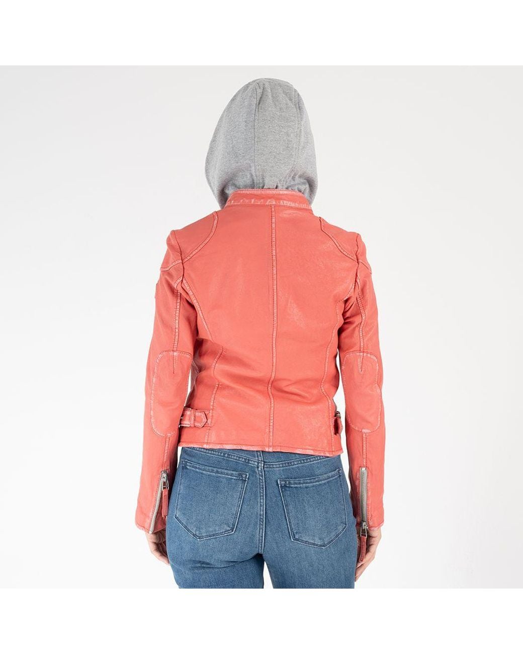 Mauritius Red Leather Moto Jacket Removable Hood Finja Coral